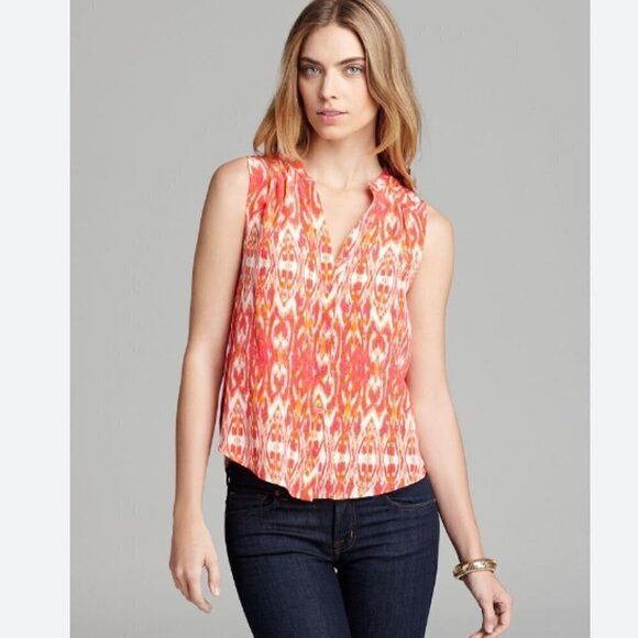 Joie Finnegan Ikat Pure Silk Pink Orange Button Up Sleeveless Tank Top Blouse XS - Picture 1 of 7